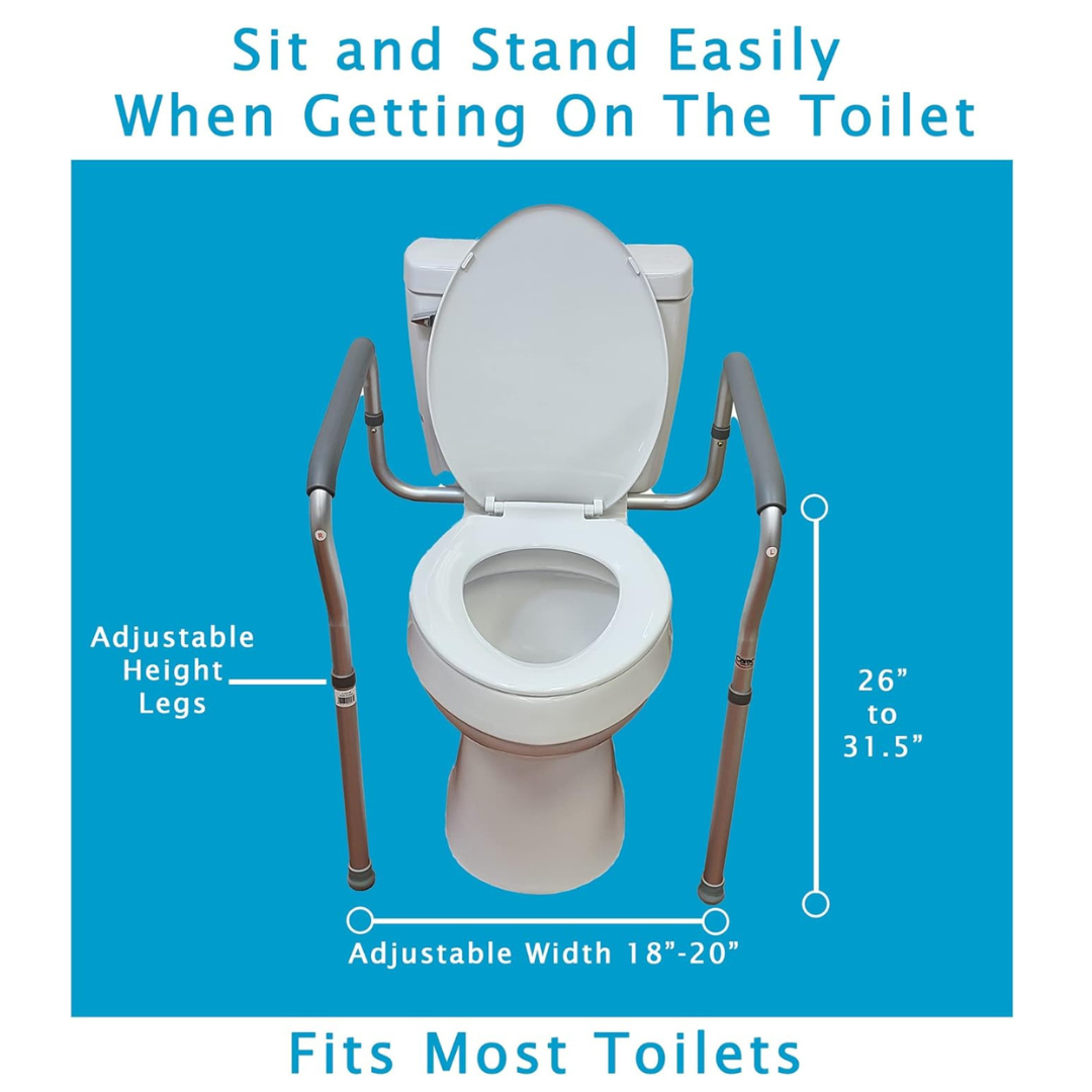 Carex Adjustable Toilet Safety Rails offer support with rails on both sides for bathroom safety. Features adjustable legs (26-31.5"), width (18-20"), fits most toilets. Blue background, white text.