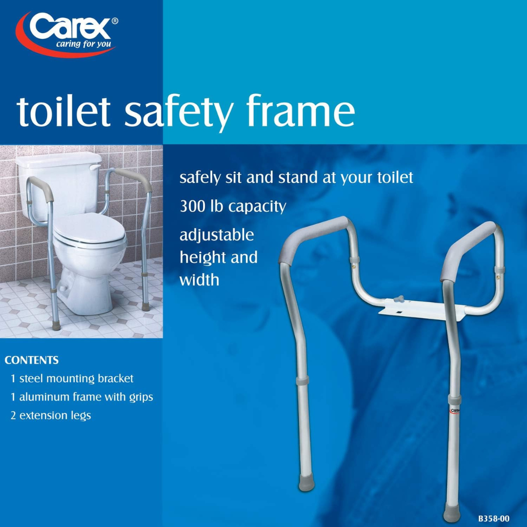 Carex Adjustable Toilet Safety Rails offer reliable bathroom support with handles, grips, extension legs, a steel mounting bracket, and a 300 lb capacity. Product details shown on a blue background.