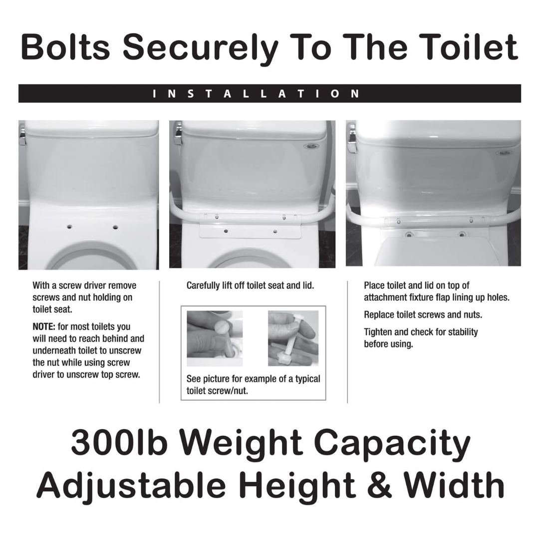 Instructional guide for Carex Adjustable Toilet Safety Rails shows how to bolt the rail securely, with images and instructions. Highlights include 300lb weight capacity and adjustable height/width for bathroom safety support.