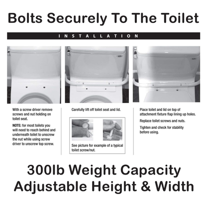 Instructional guide for Carex Adjustable Toilet Safety Rails shows how to bolt the rail securely, with images and instructions. Highlights include 300lb weight capacity and adjustable height/width for bathroom safety support.