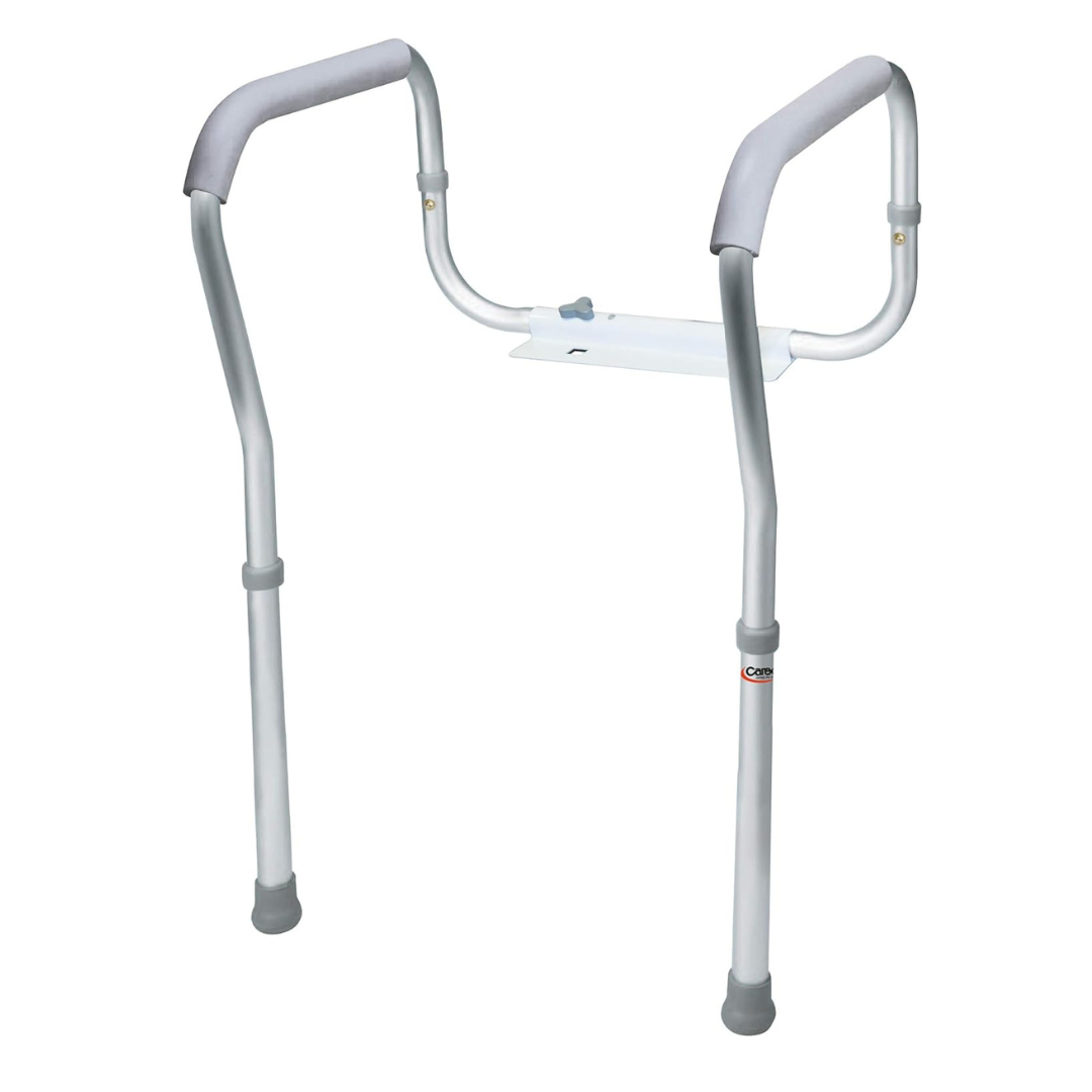 The Carex Adjustable Toilet Safety Rails feature padded handles, adjustable height legs, and rubber tips for stability, providing reliable bathroom safety support for individuals using the toilet.