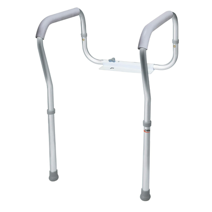 The Carex Adjustable Toilet Safety Rails feature padded handles, adjustable height legs, and rubber tips for stability, providing reliable bathroom safety support for individuals using the toilet.