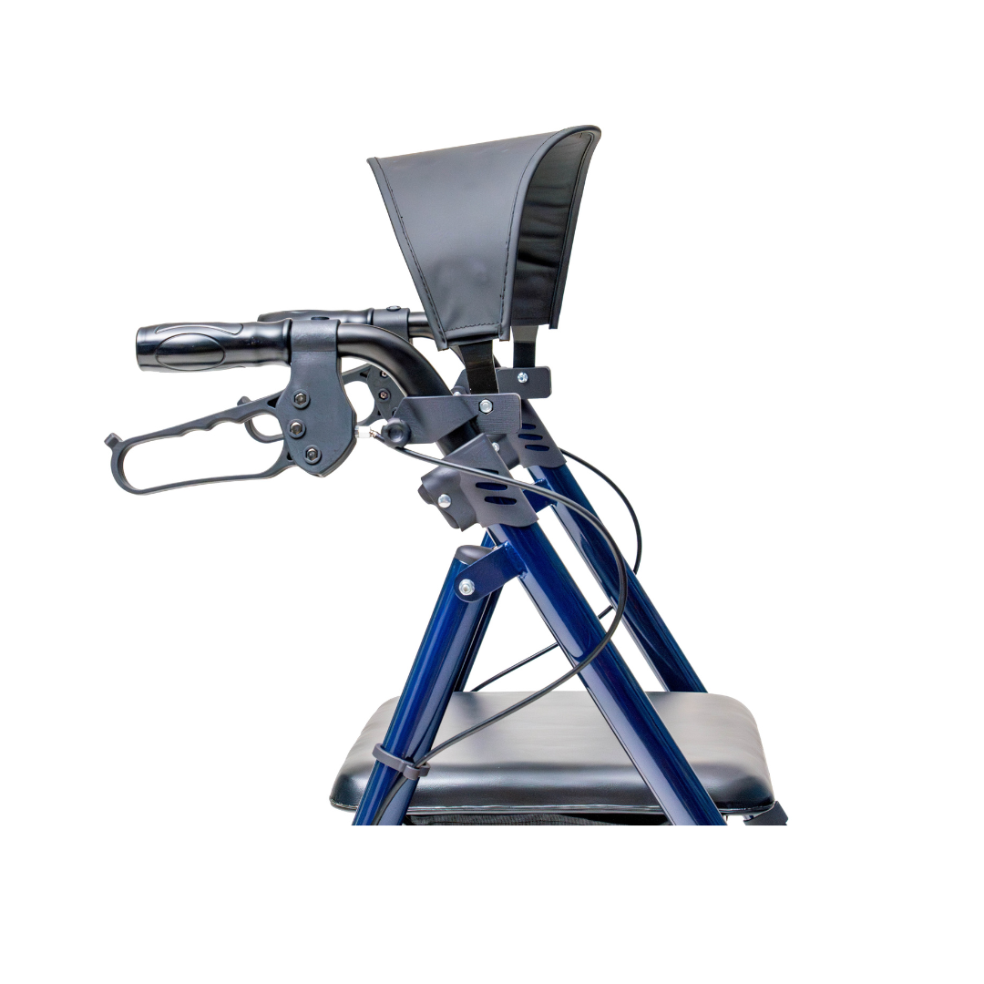 A side view of a blue medical chair with a padded seat and black adjustable arm, designed for patient comfort during blood draws—pairs well with the Carex Aspen Folding Dual-Height Rollator with XL All-Terrain Wheels for added mobility in clinics.