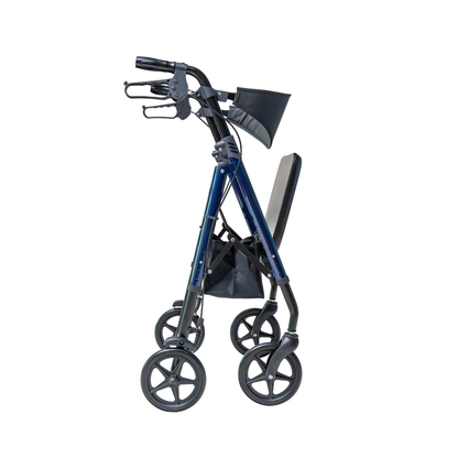The Carex Aspen Folding Dual-Height Rollator with XL All-Terrain Wheels, shown from the side on a white background, features four wheels, a seat with backrest, hand brakes, lightweight blue aluminum frame, and an adjustable storage pouch under the seat.