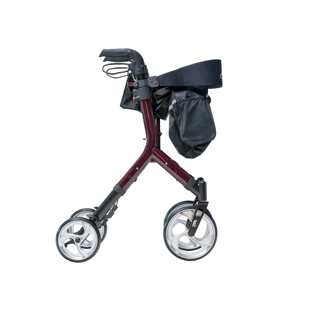 The Carex Aspen Folding Dual-Height Rollator with XL All-Terrain Wheels is shown on a white background featuring a maroon frame, four large wheels, hand brakes, and a black storage bag under the seat.