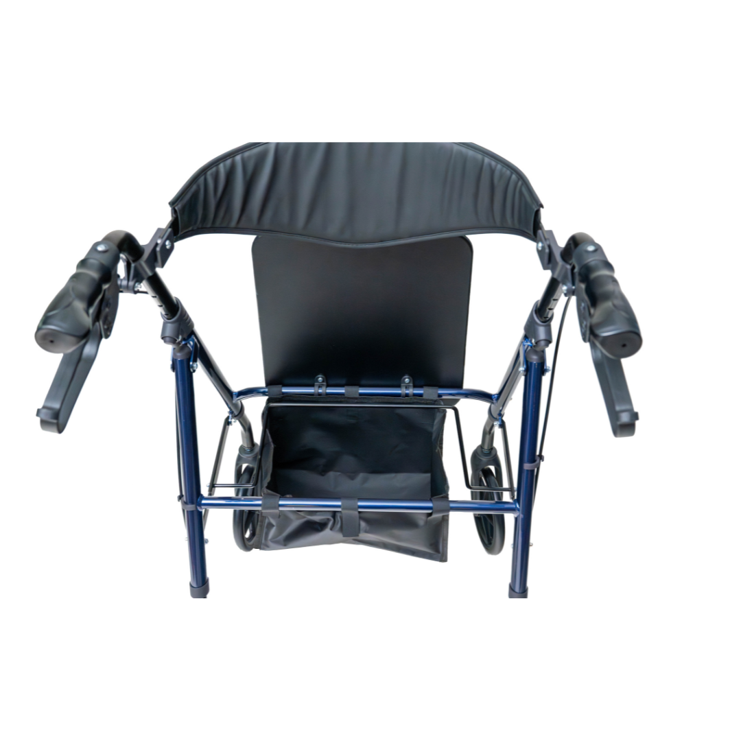 A top-down view of the Carex Aspen Folding Dual-Height Rollator with XL All-Terrain Wheels in blue, featuring a lightweight aluminum frame, four wheels, black padded seat, and two hand grips, isolated on a white background.