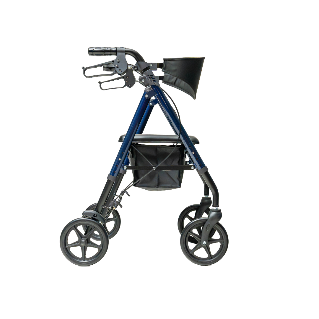 The Carex Aspen Folding Dual-Height Rollator with XL All-Terrain Wheels in blue features hand brakes, a padded seat, black storage pouch, and backrest. Shown from the side on a white background.