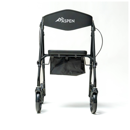 The Carex Aspen Folding Dual-Height Rollator features XL all-terrain wheels, a padded seat, backrest, storage bag under the seat, lightweight aluminum frame, and is shown in black against a plain white background.
