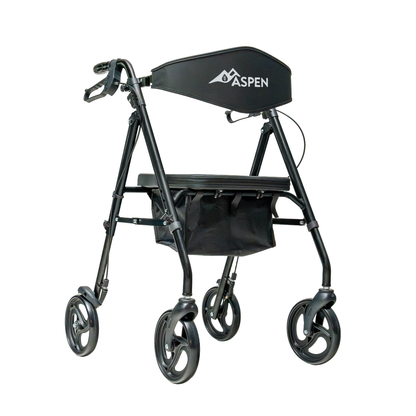 The Carex Aspen Folding Dual-Height Rollator in black features XL all-terrain wheels, lightweight aluminum frame, adjustable height, seat with backrest, storage pouch, hand brakes, and a convenient folding design for easy mobility.