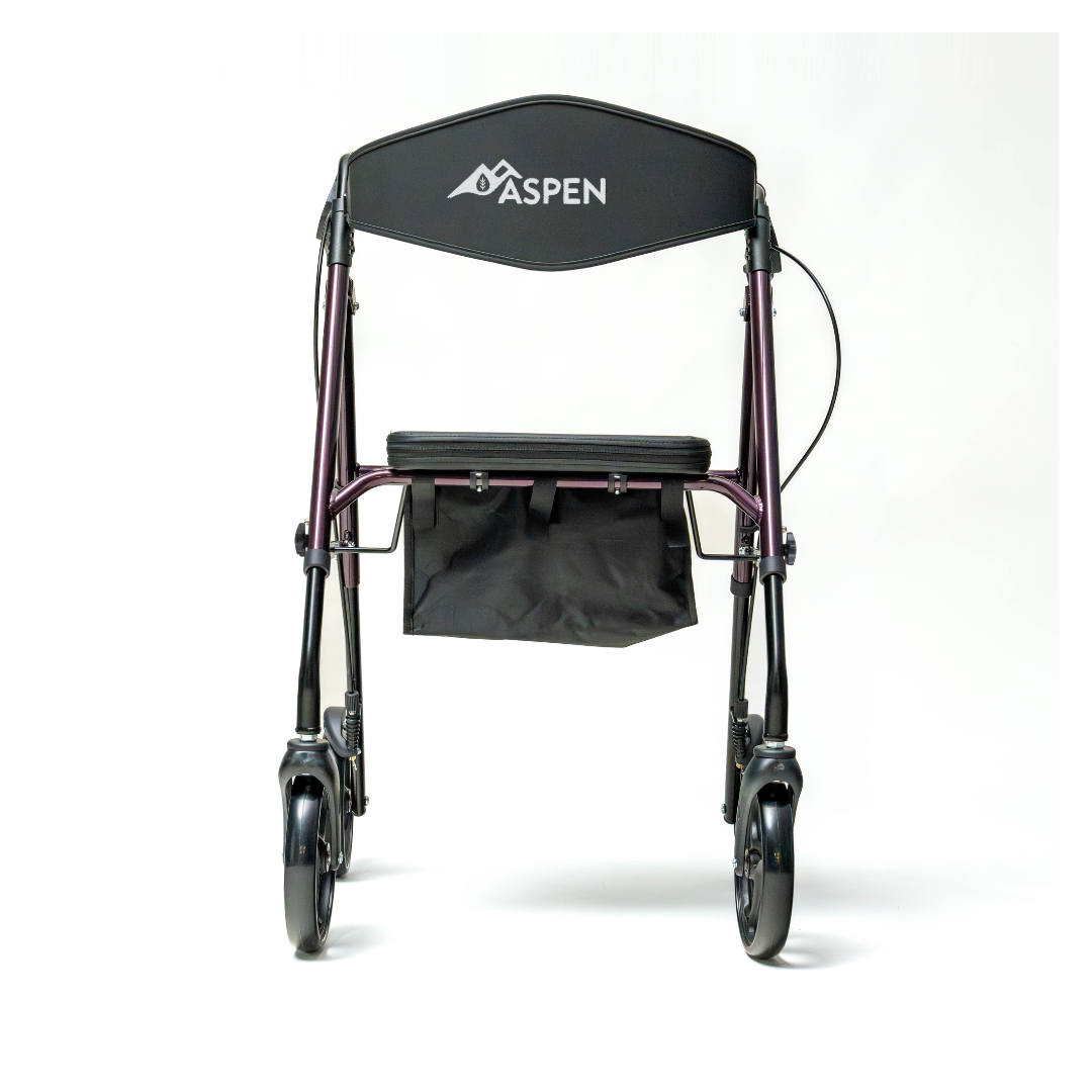 A front view of a black Carex Aspen Folding Dual-Height Rollator with XL all-terrain wheels, a seat, and an under-seat storage pouch, shown against a plain white background.