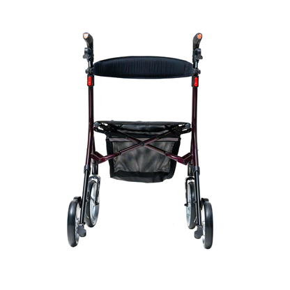 Front view of the Carex Aspen Folding Dual-Height Rollator with XL all-terrain wheels, a lightweight aluminum frame, black padded backrest, mesh storage basket, and hand brakes against a white background.