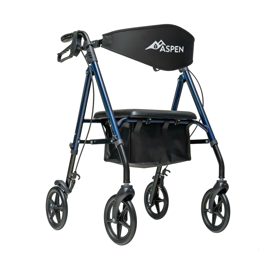 The Carex Aspen Folding Dual-Height Rollator features a blue lightweight aluminum frame, XL all-terrain wheels, hand brakes, black seat and backrest with an ASPEN mountain design, plus a storage pouch under the seat.