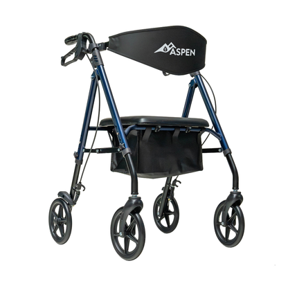 The Carex Aspen Folding Dual-Height Rollator features a blue lightweight aluminum frame, XL all-terrain wheels, hand brakes, black seat and backrest with an ASPEN mountain design, plus a storage pouch under the seat.