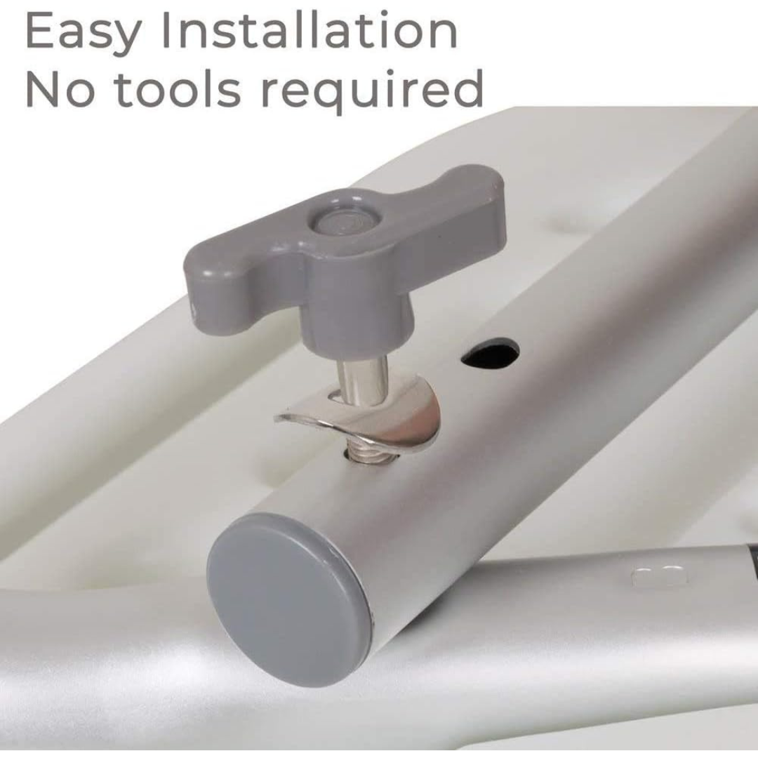 A close-up of a metallic frame being assembled with a gray hand screw from the Carex Bath Chair and Shower Chair. Text above reads: Easy Installation – No tools required.