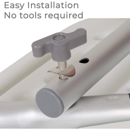 A close-up of a metallic frame being assembled with a gray hand screw from the Carex Bath Chair and Shower Chair. Text above reads: Easy Installation – No tools required.