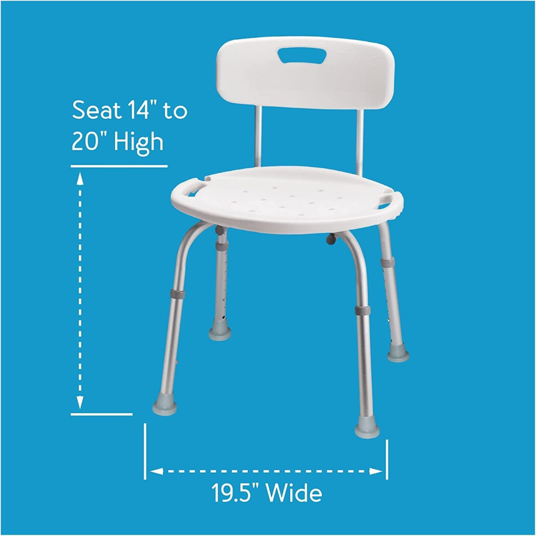The Carex Bath Chair and Shower Chair has a white adjustable seat (height 14–20"), a 19.5" wide seat, a backrest, and four adjustable legs with non-slip tips. Designed for elderly users. Shown on a blue background.