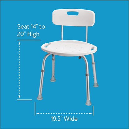 The Carex Bath Chair and Shower Chair has a white adjustable seat (height 14–20"), a 19.5" wide seat, a backrest, and four adjustable legs with non-slip tips. Designed for elderly users. Shown on a blue background.