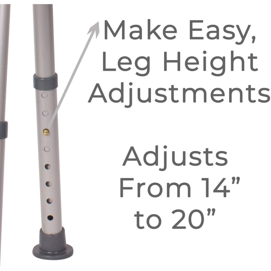 Close-up of an adjustable leg with holes and a push button on the Carex Bath Chair and Shower Chair. Text reads: Easily adjust leg height from 14" to 20". Perfect for any bath chair for elderly.