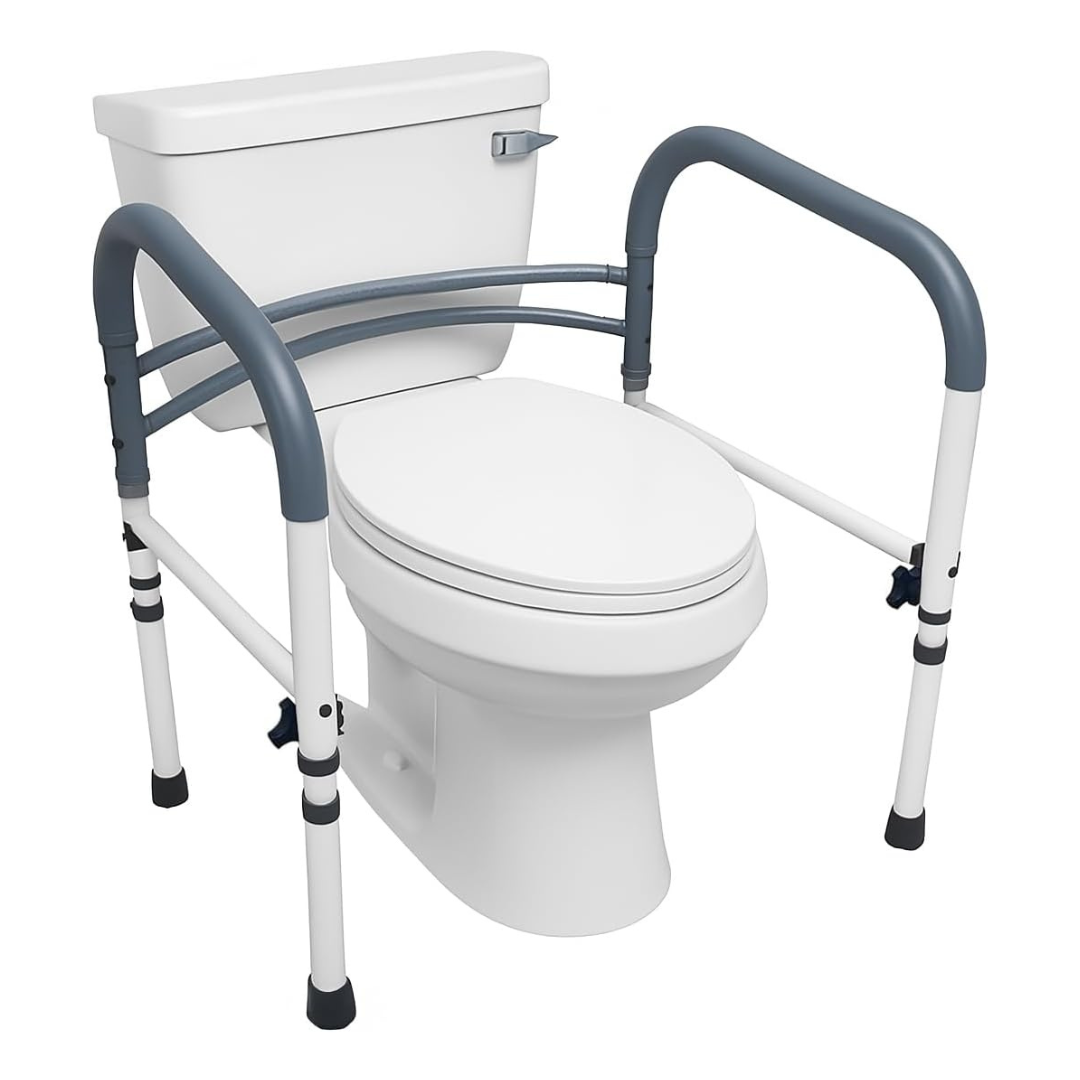 The Carex Bathroom Safety Rail is a universal standing aid that fits over the toilet, providing sturdy armrests and support on both sides to assist individuals with mobility or balance issues.