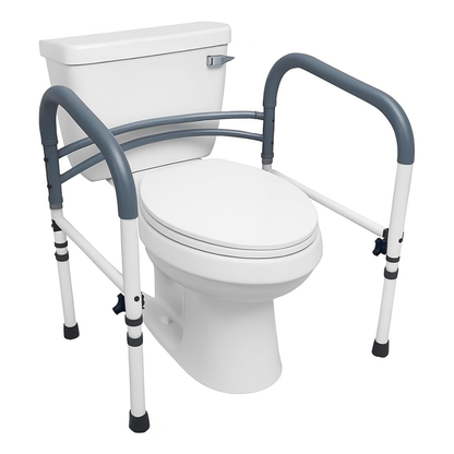 The Carex Bathroom Safety Rail is a universal standing aid that fits over the toilet, providing sturdy armrests and support on both sides to assist individuals with mobility or balance issues.