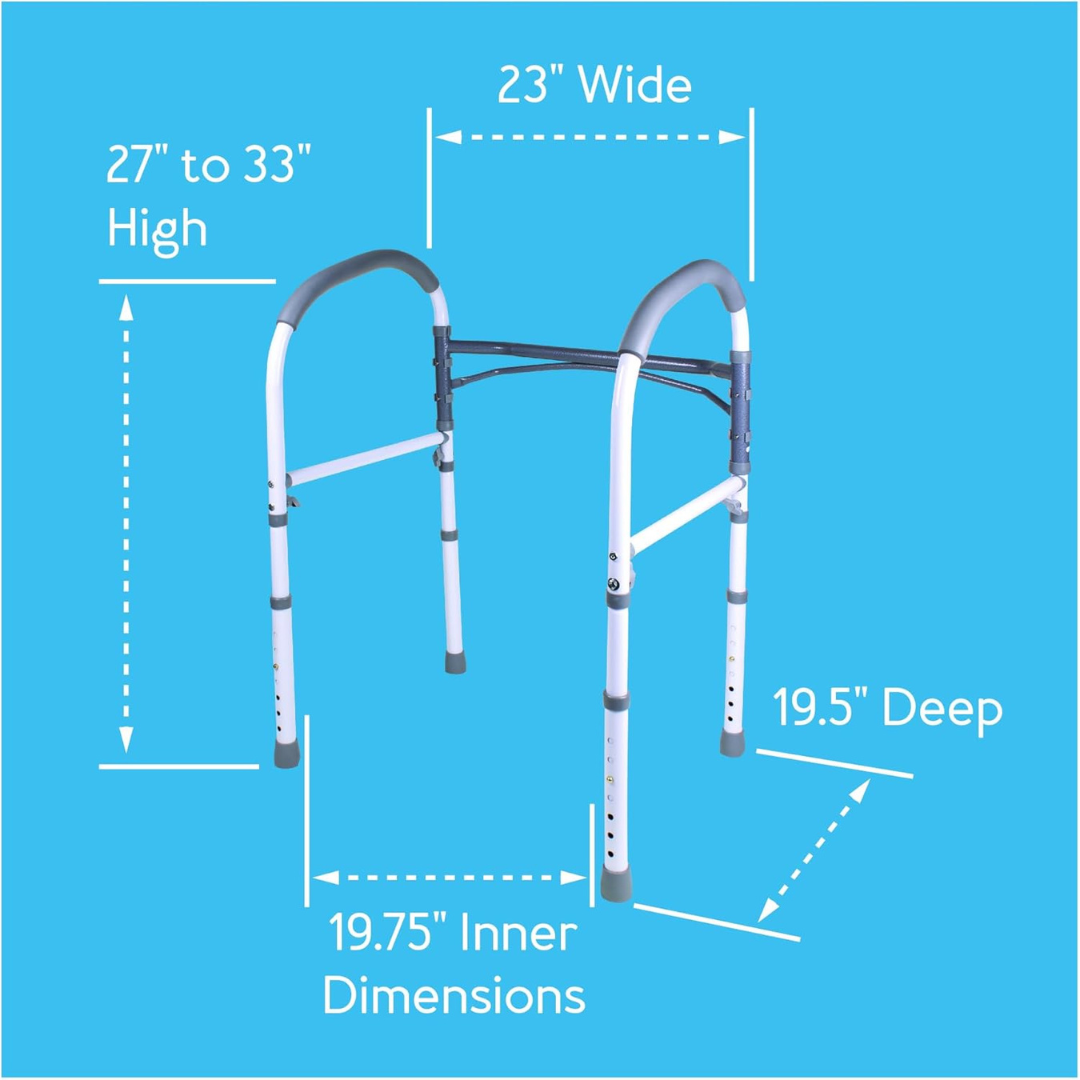 The Carex Bathroom Safety Rail—23" wide, 27–33" high, 19.5" deep, 19.75" inner—is shown on a blue background; it fits over toilets and pairs with safety frames or grab bars for added standing support.