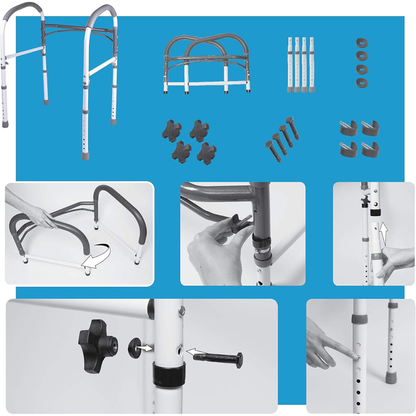 Assembly instructions for the Carex Bathroom Safety Rail show parts like rails, screws, knobs, and tools laid out, with step-by-step images for easy assembly and height adjustment. Fits over toilet as a universal standing aid for added safety.