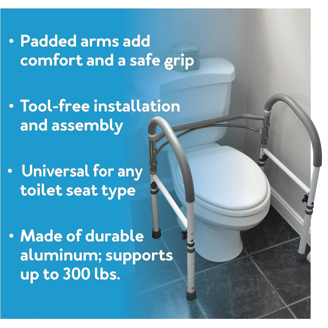 The Carex Bathroom Safety Rail – Universal Standing Aid fits over most toilets, features padded arms and sturdy handles, supports up to 300 lbs, is made of durable aluminum, and offers a tool-free setup for easy installation.