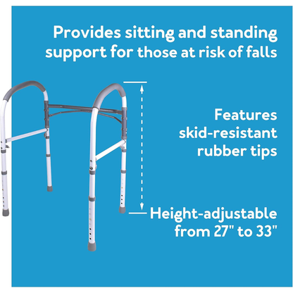The Carex Bathroom Safety Rail is a universal standing aid that fits over the toilet, offering adjustable height (27-33"), skid-resistant rubber tips, and support for safe sitting or standing—ideal for fall risk and similar to grab bars.