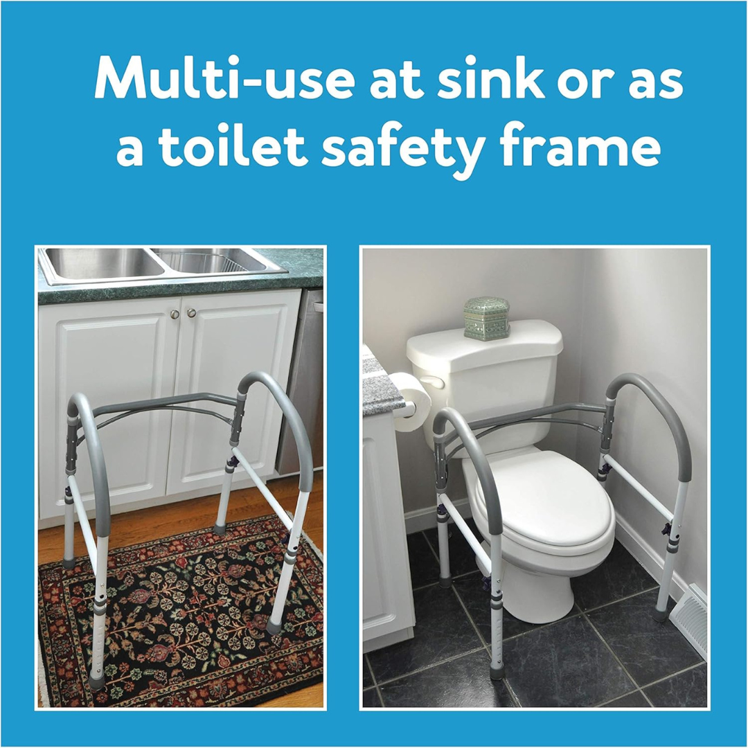 Two images feature the Carex Bathroom Safety Rail - Universal Standing Aid with supportive arms and white legs, used at a kitchen sink and over a toilet. Fits over toilet for added support with convenient handles.