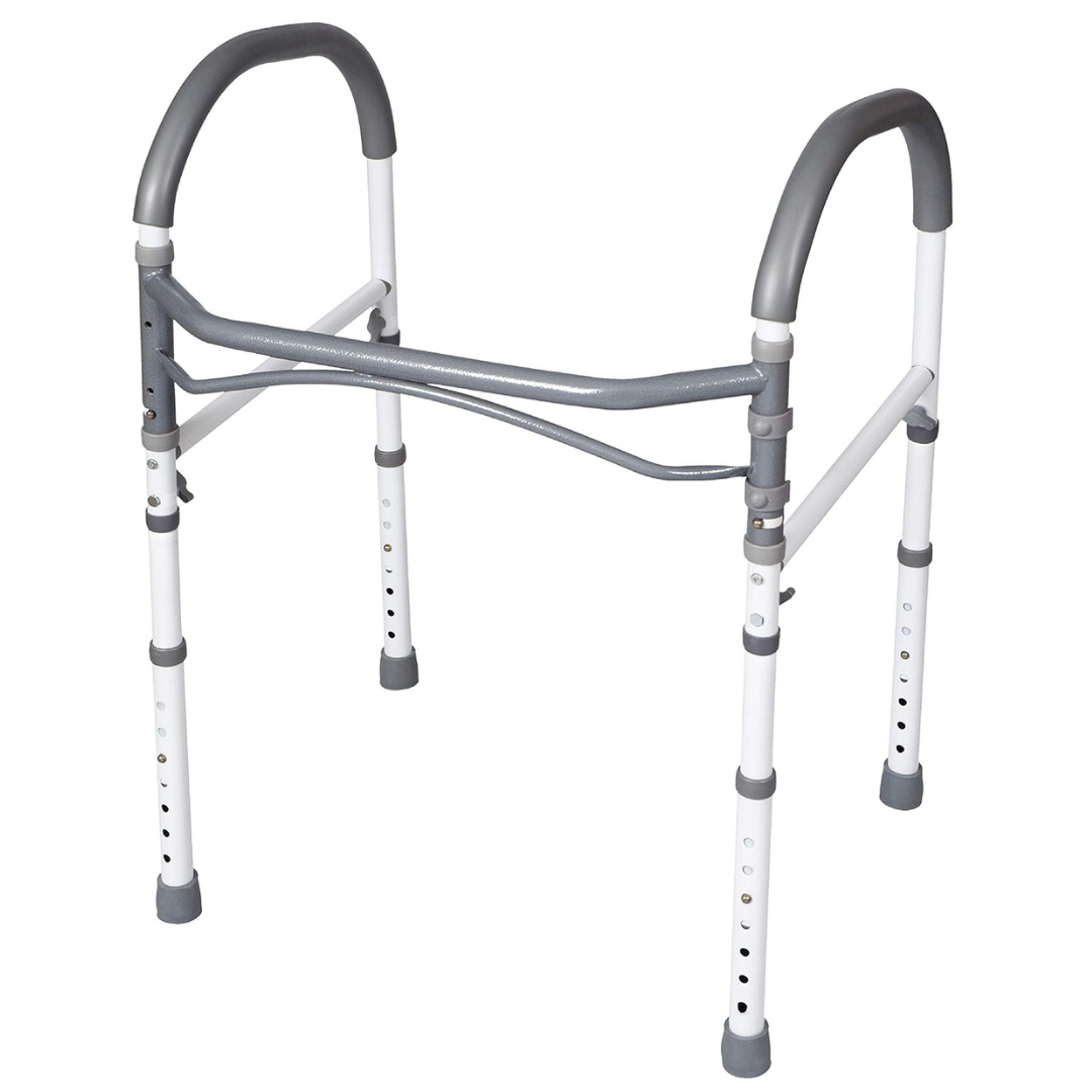 A lightweight, white and gray folding walker with adjustable legs pairs well with the Carex Bathroom Safety Rail—Universal Standing Aid, which fits over the toilet for added bathroom support and stability.