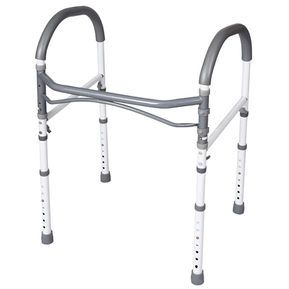 A lightweight, white and gray folding walker with adjustable legs pairs well with the Carex Bathroom Safety Rail—Universal Standing Aid, which fits over the toilet for added bathroom support and stability.