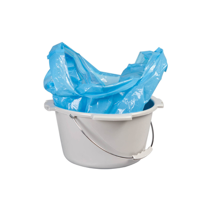 A white plastic bucket with a metal handle displays the Carex Commode Liners with Absorbent Powder, featuring a blue disposable liner draped over the rim, set against a plain white background.