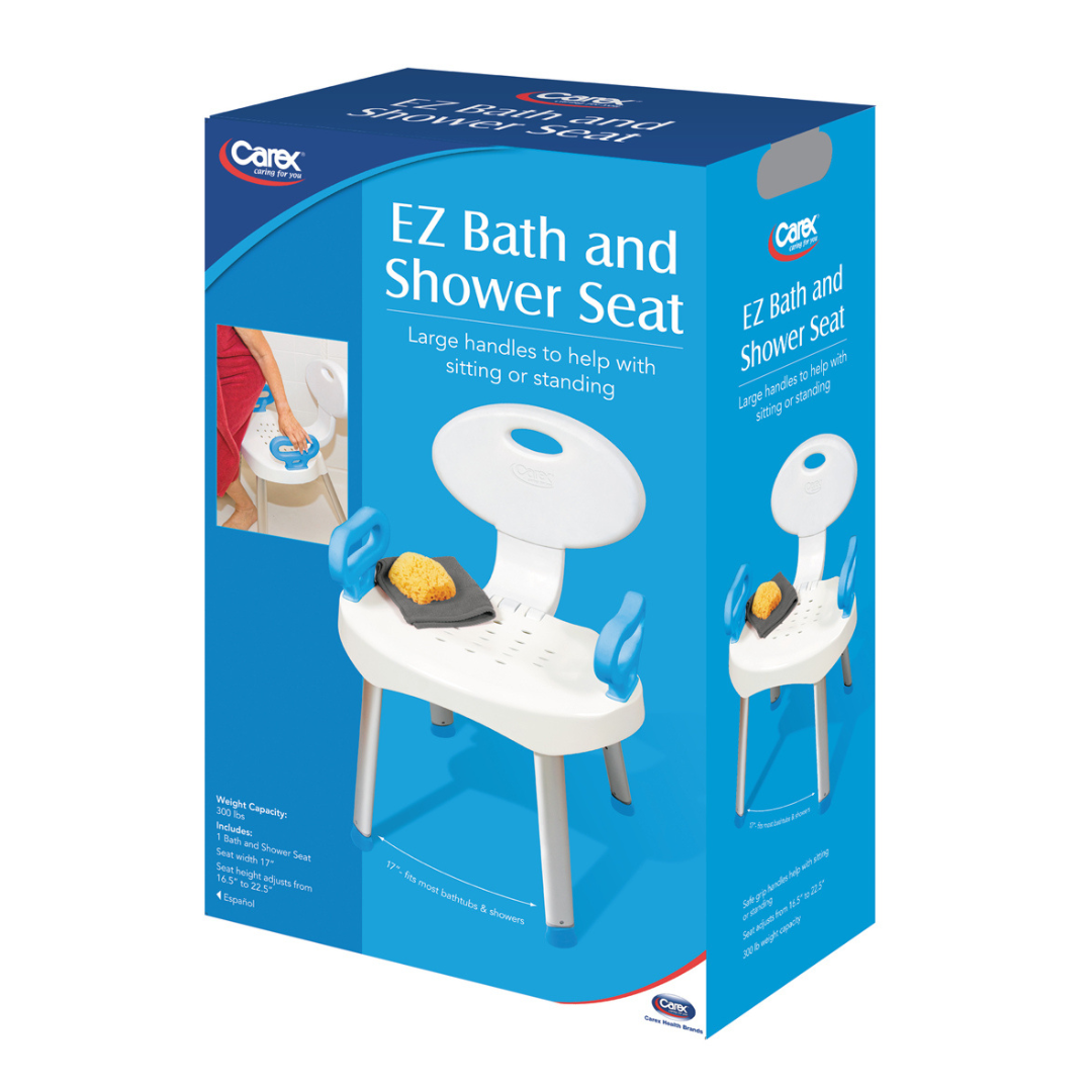 Blue and white box packaging for the Carex E-Z Bath and Shower Seat with Handles displays images of the white seat, highlighting its large handles designed to assist users when sitting down or standing up.