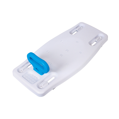 The Carex Portable Shower Bench With Handle is a white plastic bath board with drainage holes and a blue handle, designed to fit across your bathtub for comfortable sitting or assistance while bathing.