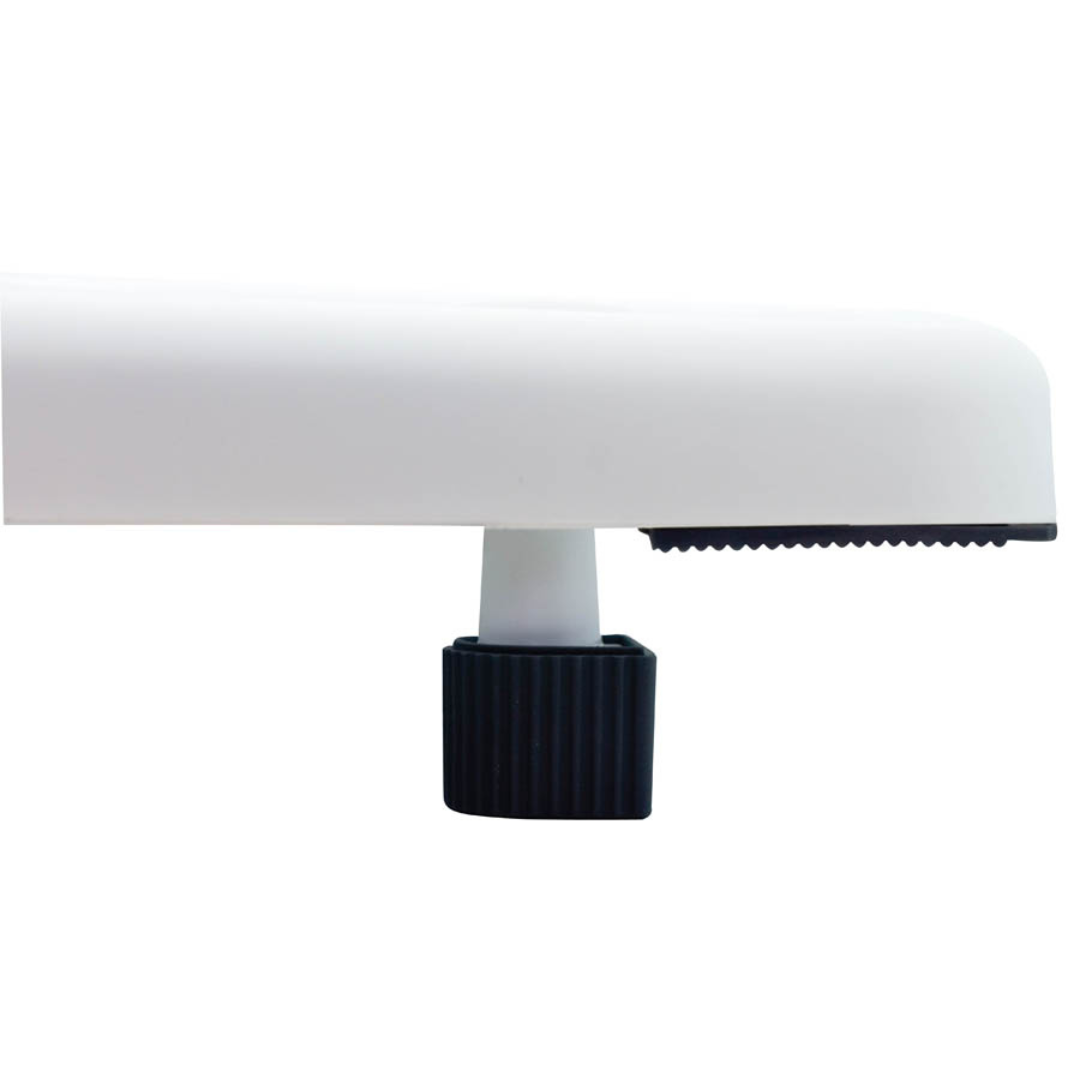 Side view of the Carex Portable Shower Bench With Handle, featuring a white rectangular non-slip seat and a black ribbed knob underneath for height adjustment, ideal as an adjustable and portable bath bench.