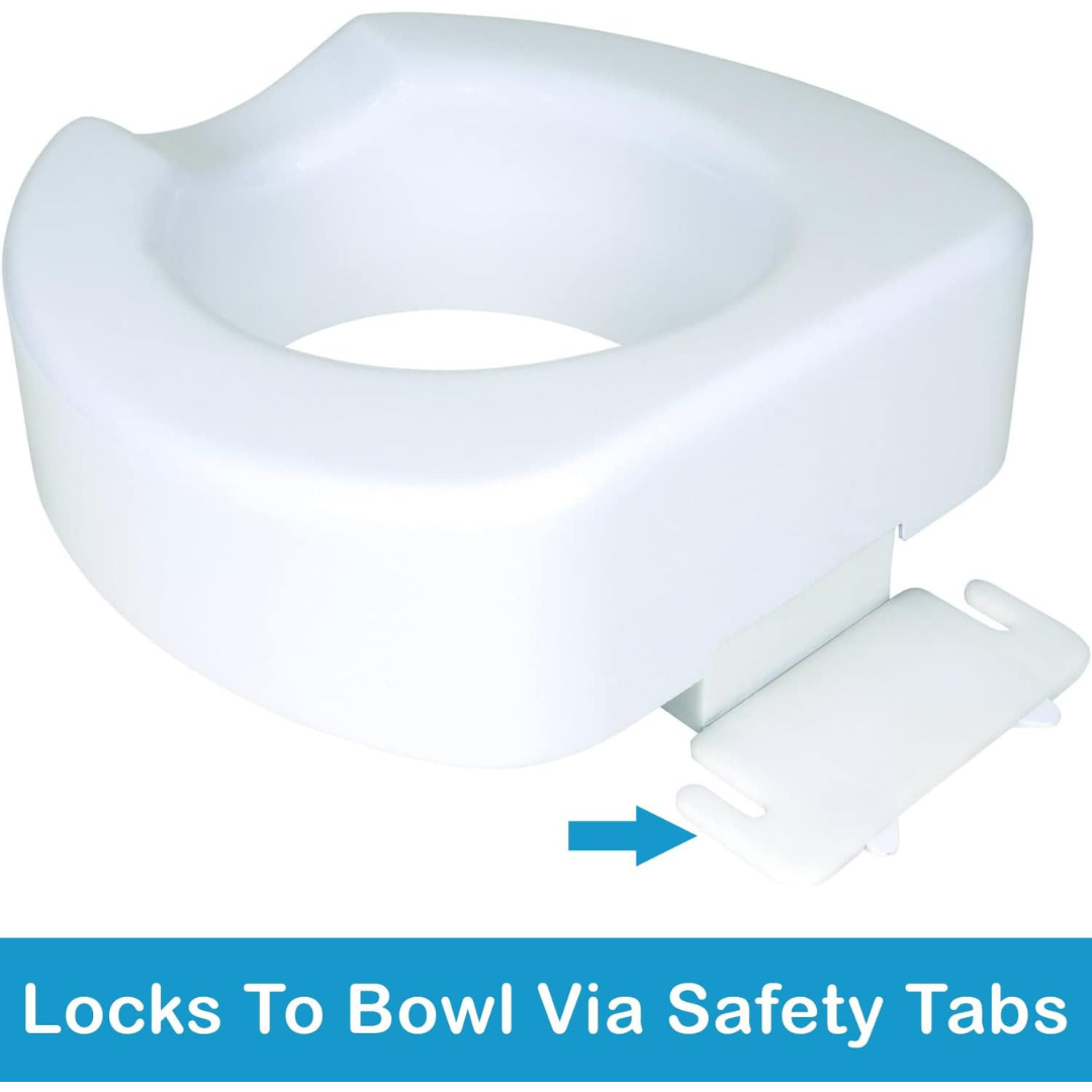 The Carex 4" Toilet Seat Riser With Quick-Lock is shown in white, featuring a locking safety tab attachment highlighted by an arrow. Blue text below states: "Locks To Bowl Via Safety Tabs.