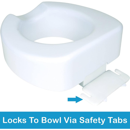 The Carex 4" Toilet Seat Riser With Quick-Lock is shown in white, featuring a locking safety tab attachment highlighted by an arrow. Blue text below states: "Locks To Bowl Via Safety Tabs.