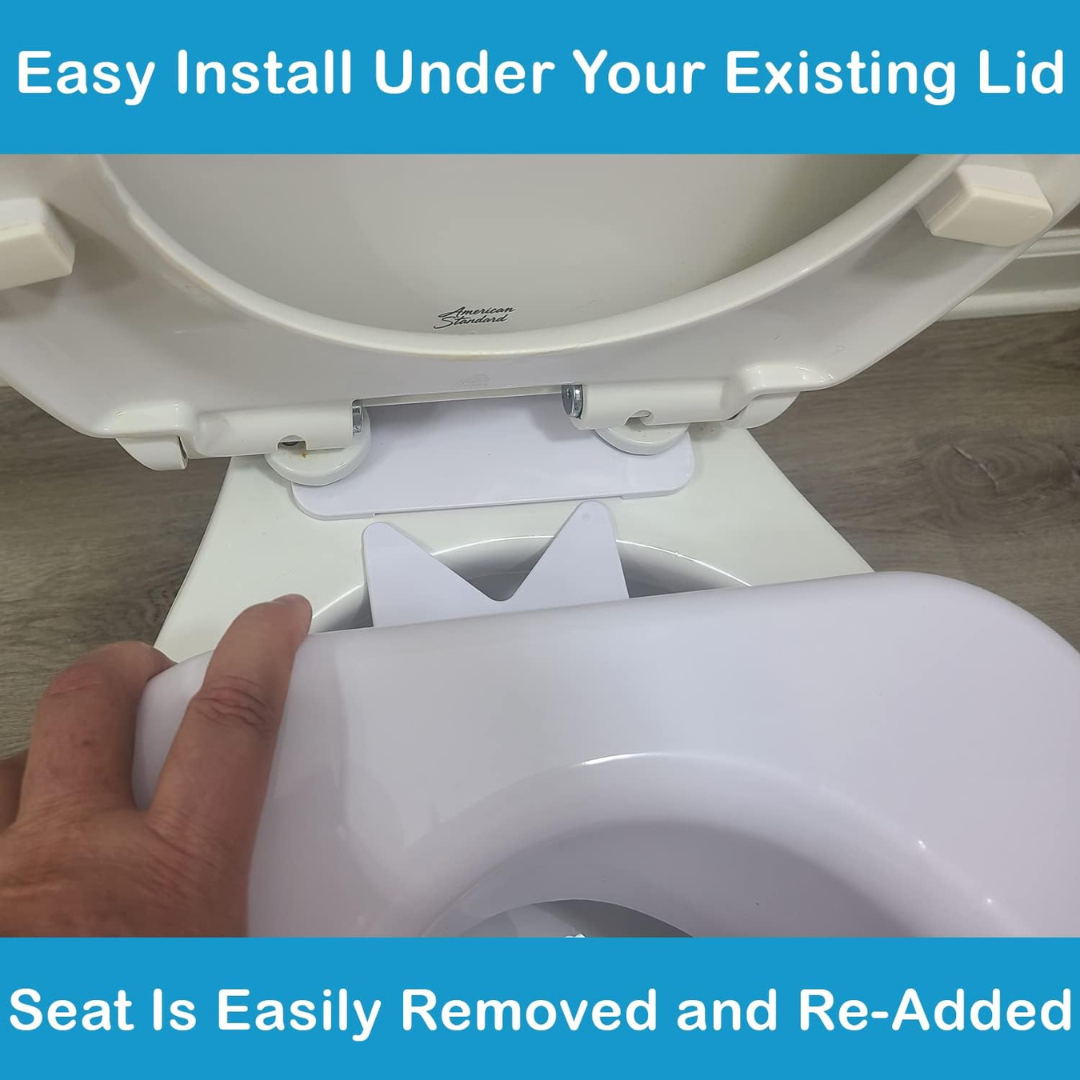 A hand lifts the Carex 4" Toilet Seat Riser With Quick-Lock from a toilet, showing its easy installation and removal. Text above and below the image describes the riser's simple use.