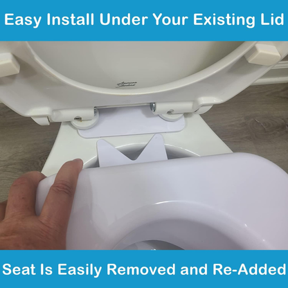 A hand lifts the Carex 4" Toilet Seat Riser With Quick-Lock from a toilet, showing its easy installation and removal. Text above and below the image describes the riser's simple use.
