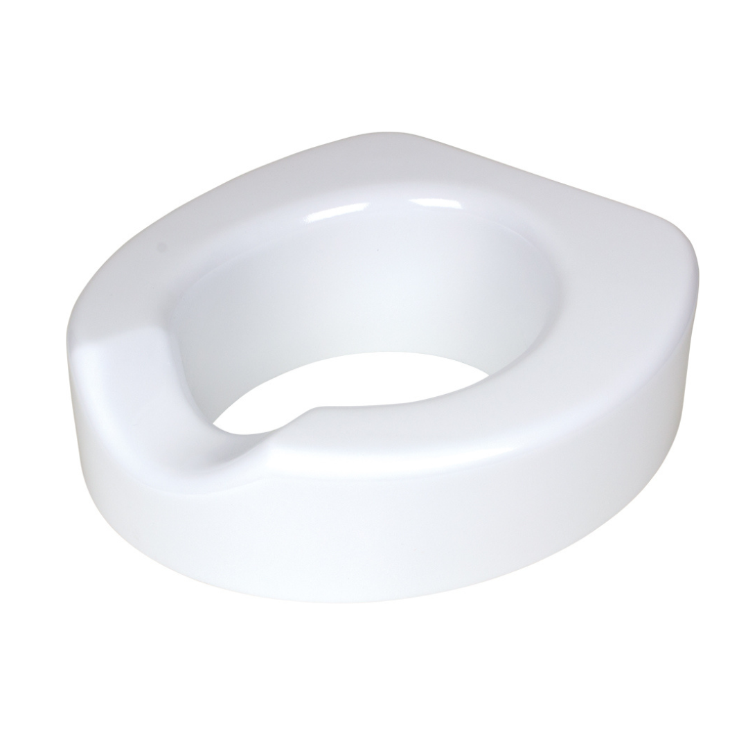 The Carex 4" Toilet Seat Riser With Quick-Lock is a white, contoured plastic seat riser with an open front, designed for universal fit on standard toilets to add height and comfort.