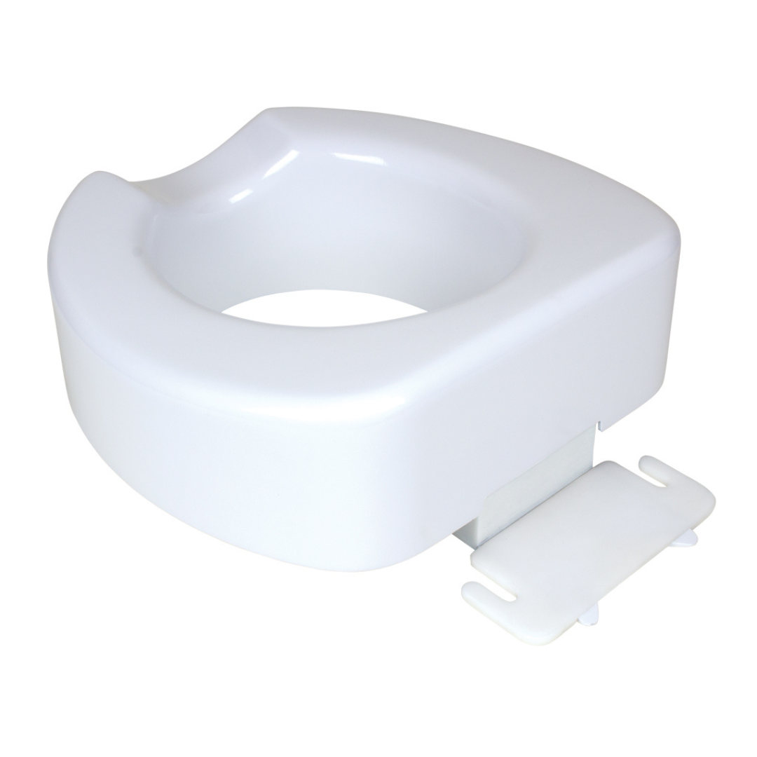 The Carex 4" Toilet Seat Riser With Quick-Lock is a white, plastic seat riser featuring a contoured design and an adjustable locking mechanism for secure attachment to standard toilet bowls.