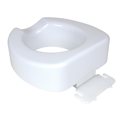 The Carex 4" Toilet Seat Riser With Quick-Lock is a white, plastic seat riser featuring a contoured design and an adjustable locking mechanism for secure attachment to standard toilet bowls.