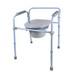 The Carex Deluxe Folding Commode features a blue metal frame with armrests, a grey plastic seat, and a removable bucket for convenience. Adjustable legs with non-slip rubber tips ensure stability, making it a versatile toilet safety frame.