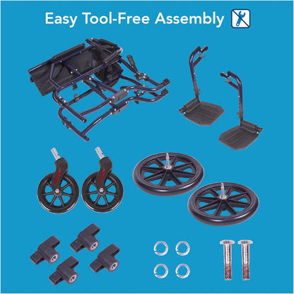 A disassembled Carex Folding Steel Transport Wheelchair (19" seat) with frame, wheels, footrests, bolts, and brackets neatly laid out on a blue background. Text above reads "Easy Tool-Free Assembly" with a crossed-out wrench icon.