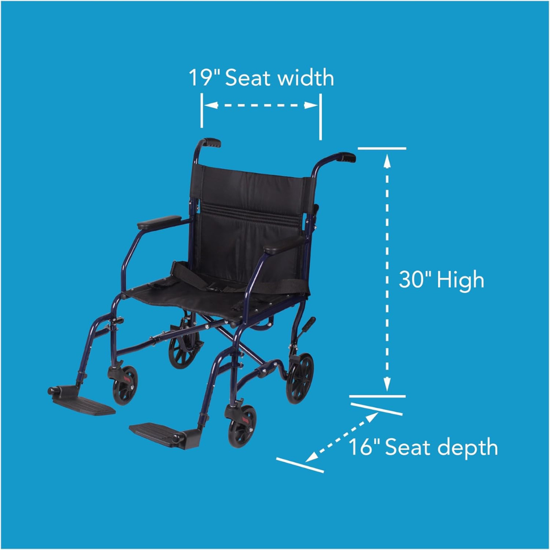 The Carex Folding Steel Transport Wheelchair - 19" Seat is a lightweight model with a sturdy steel frame, 19-inch seat width, 16-inch seat depth, and 30-inch seat height, shown on a blue background.