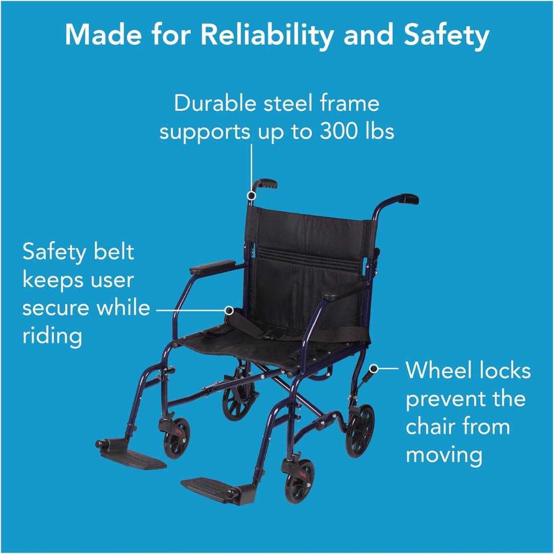 The Carex Folding Steel Transport Wheelchair - 19" Seat features footrests, a safety belt, durable steel frame (supports up to 300 lbs), wheel locks, and folds easily. Shown on a blue background with labeled safety features.