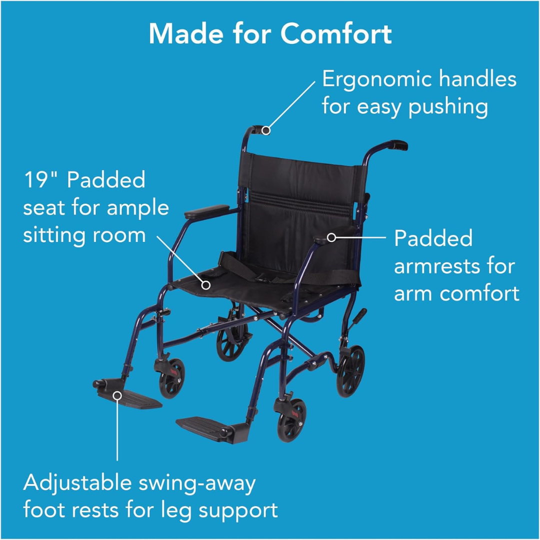 The Carex Folding Steel Transport Wheelchair features ergonomic handles, padded armrests, a 19" padded seat, and adjustable swing-away footrests in blue. Text on image: "Made for Comfort.