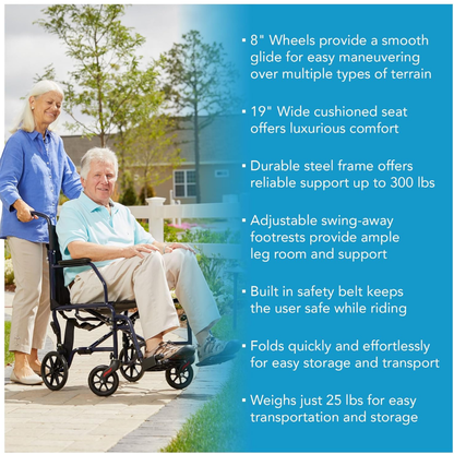 An older woman pushes an older man outdoors in the Carex Folding Steel Transport Wheelchair – 19" Seat, featuring large wheels, cushioned seat, steel frame, swing-away footrests, safety belt, foldability, and easy portability for enhanced mobility.