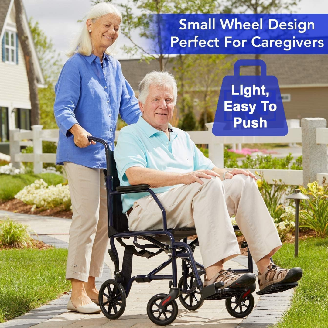 An older woman smiles while pushing an older man in the Carex Folding Steel Transport Wheelchair - 19" Seat along a garden path. Text: Small wheel design ideal for caregivers. Lightweight, easy to push.