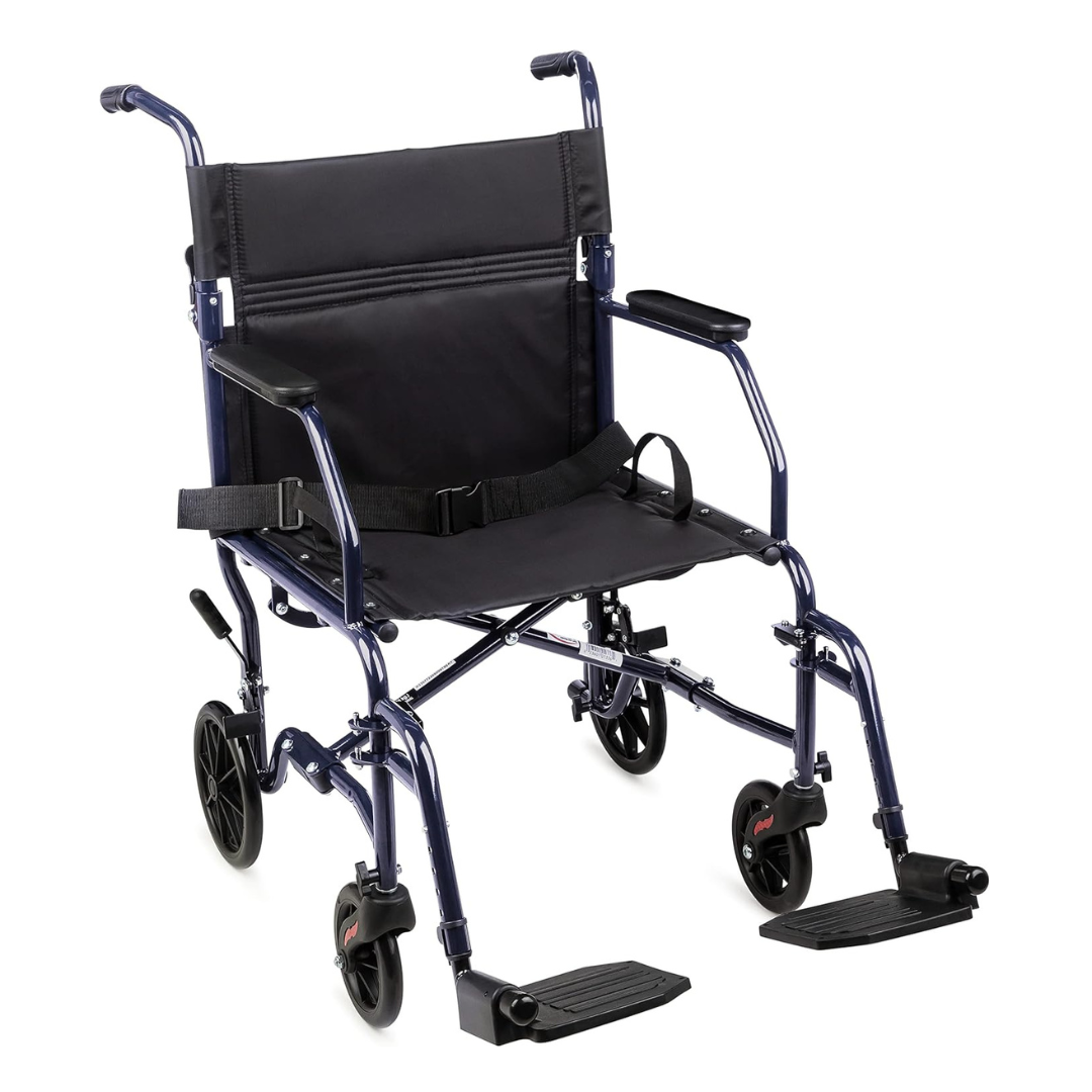 The Carex Folding Steel Transport Wheelchair - 19" Seat features a sturdy metallic dark blue frame, black seat, armrests, seatbelt, and four small wheels—two with footrests. Lightweight and foldable for easy portability.